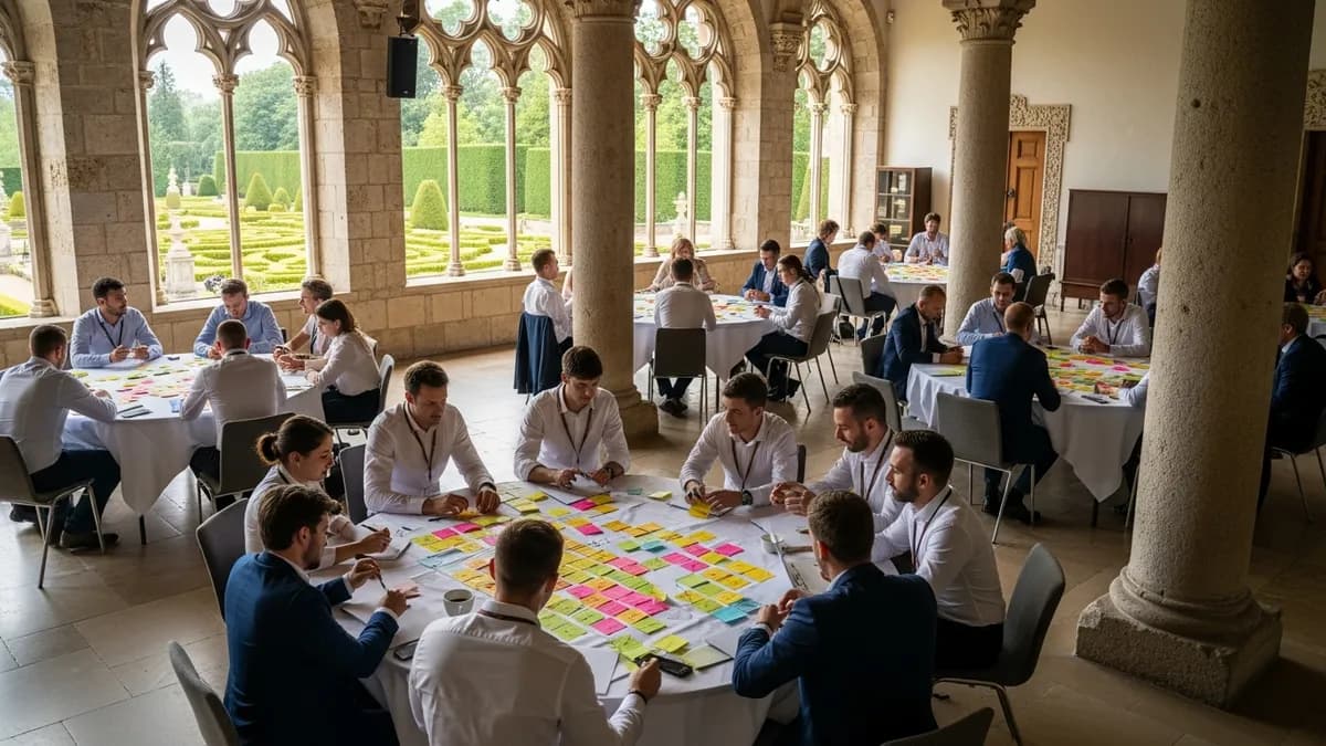 Grande salle de château en Île-de-France aménagée en configuration îlots, tables rondes avec participants en atelier, post-its colorés, lumière naturelle