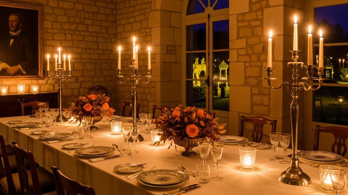 Table de gala dressée dans la grande salle d'un château d'Île-de-France à l'automne, bougies, décoration florale automnale, vaisselle fine
