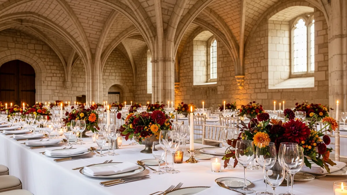 Table de gala dressée dans un château en Île-de-France, vaisselle raffinée, bougies et fleurs sur nappe blanche, salle voûtée en pierre