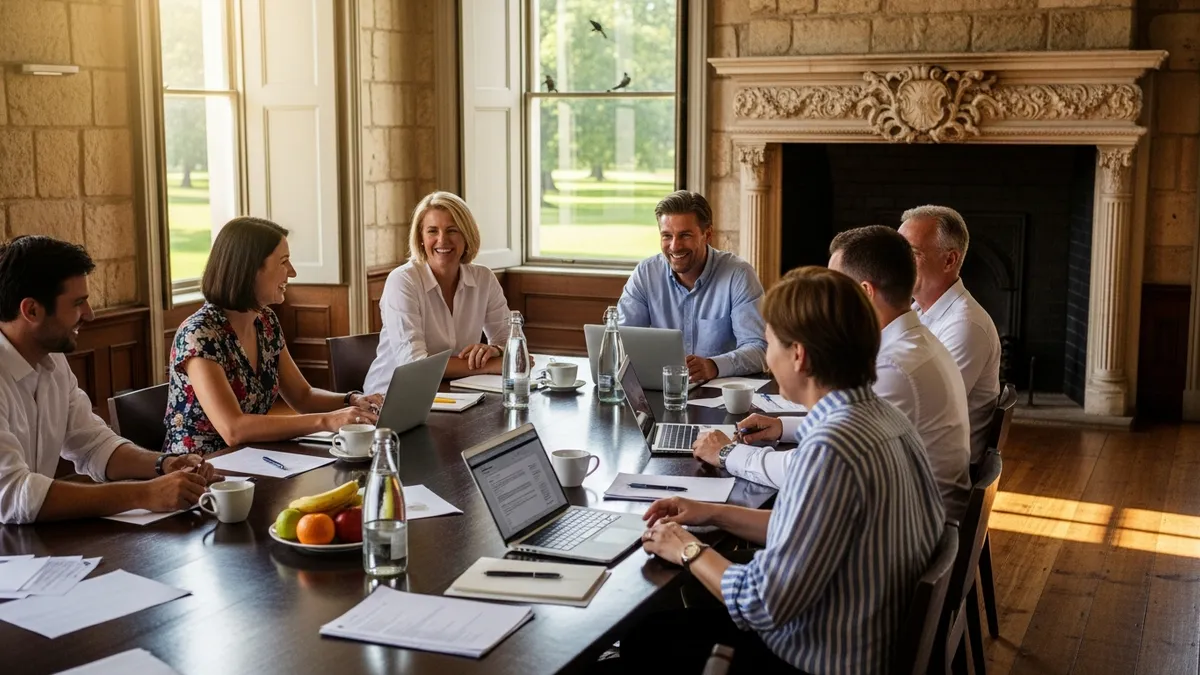 Salle de séminaire fraîche en château français avec grandes fenêtres ouvertes sur un parc ombragé, participants en tenue décontractée business, lumière dorée de fin de journée