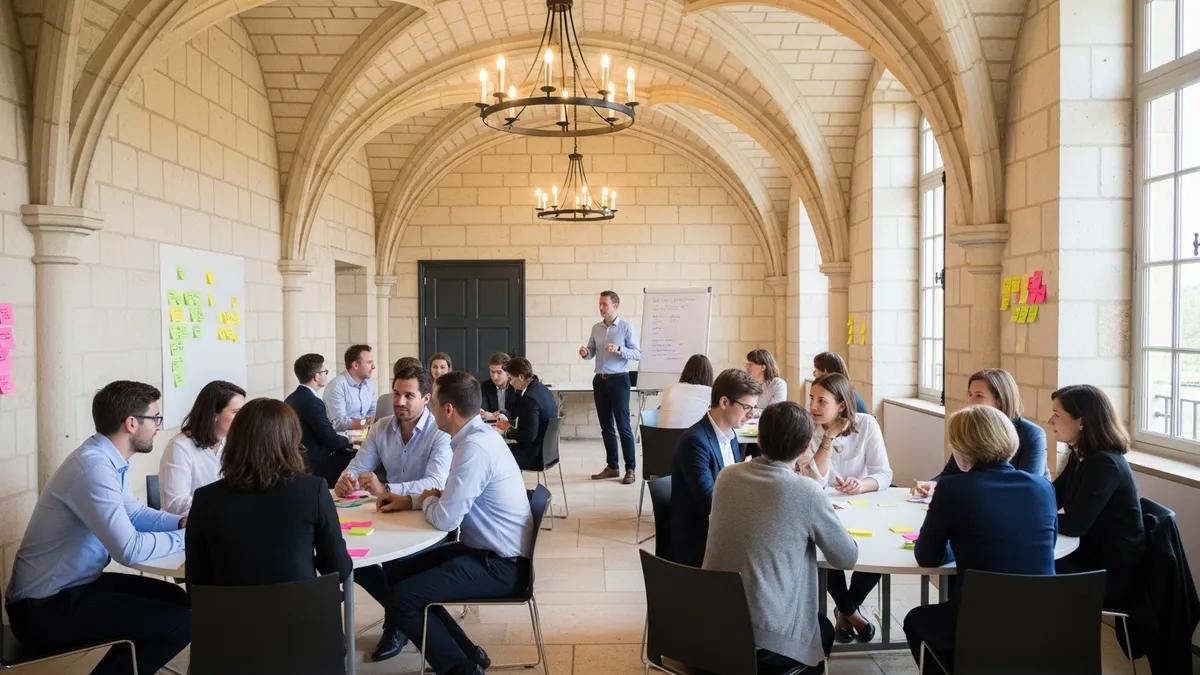 Facilitateur animant un atelier participatif dans une salle de château en Île-de-France avec groupe mixte en cercle