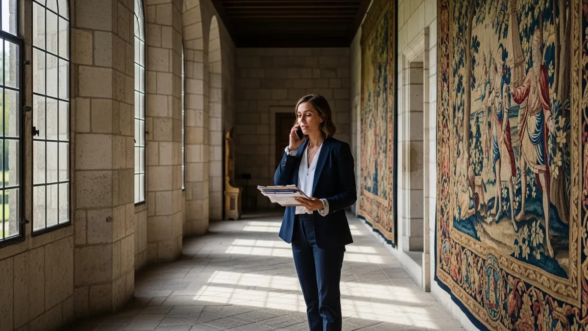 Organisatrice de séminaire au téléphone dans un couloir de château, carnet de notes en main, gérant une situation de dernière minute