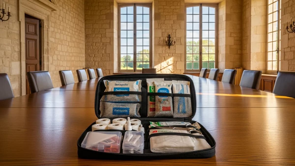 Salle de séminaire en château avec trousse de premiers secours visible, cadre sécurisé et professionnel