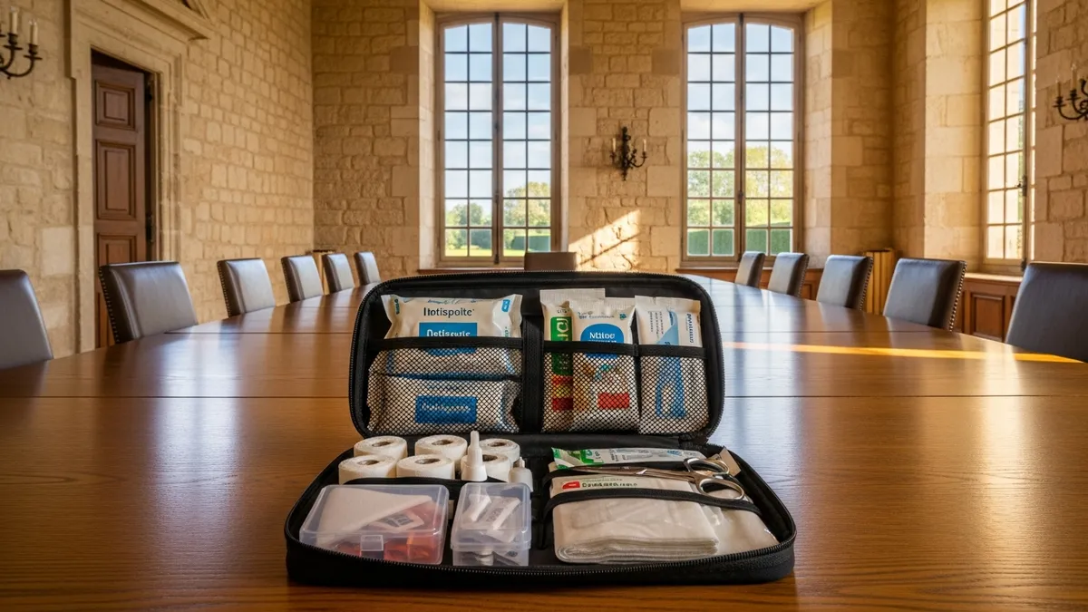 Salle de séminaire en château avec trousse de premiers secours visible, cadre sécurisé et professionnel