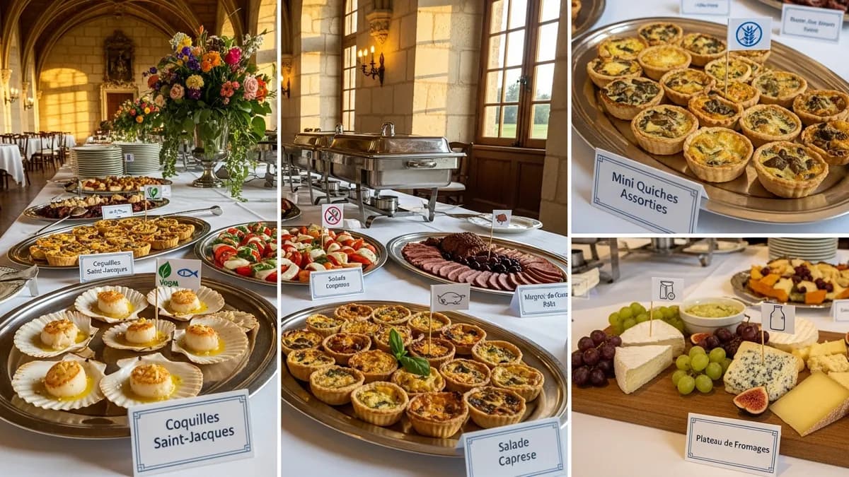 Table de buffet élégante dans un château avec options alimentaires variées pour séminaire d'entreprise en Île-de-France