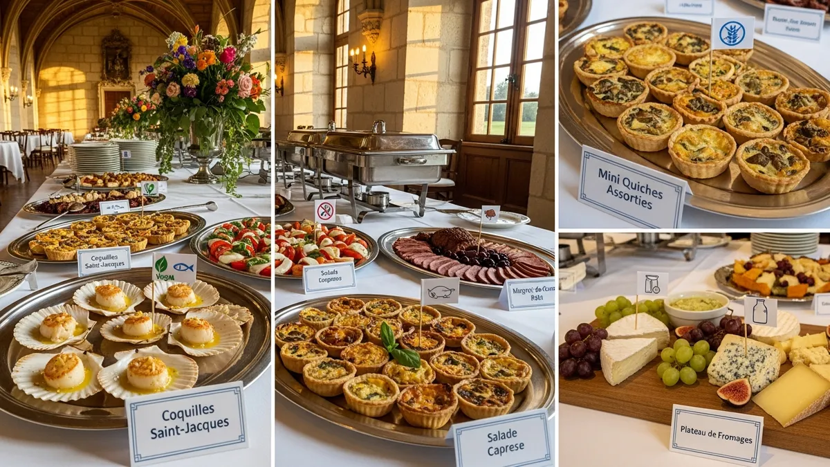 Table de buffet élégante dans un château avec options alimentaires variées pour séminaire d'entreprise en Île-de-France