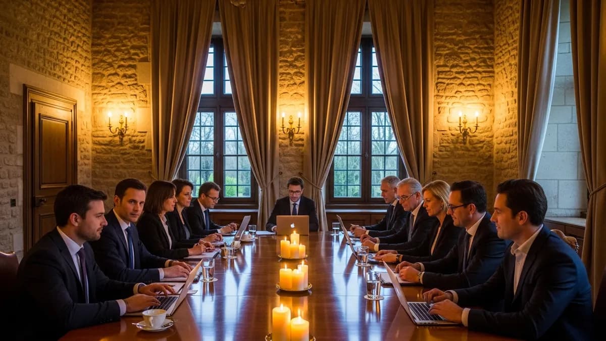Salle de réunion sécurisée dans un château français, dirigeants en réunion confidentielle, données protégées, cadre élégant