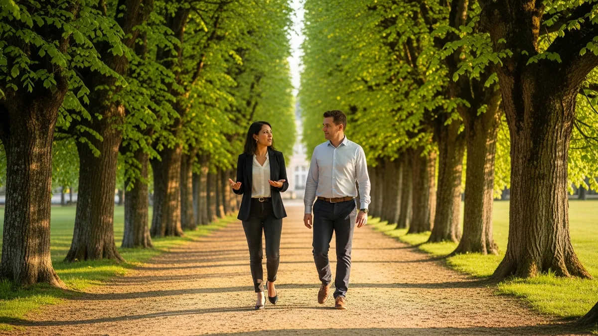 Deux collaborateurs en discussion apaisée dans un parc de château en Île-de-France, ambiance lumineuse et sereine