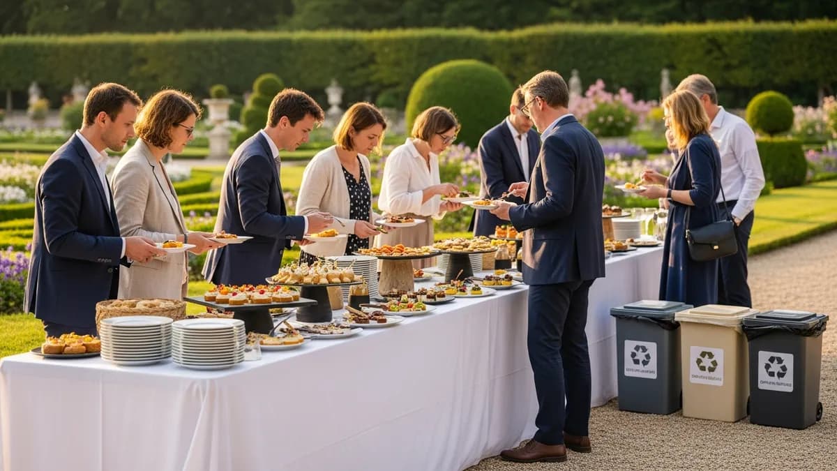 Pause déjeuner en château avec vaisselle réutilisable, bacs de tri sélectif discrets et buffet durable en Île-de-France