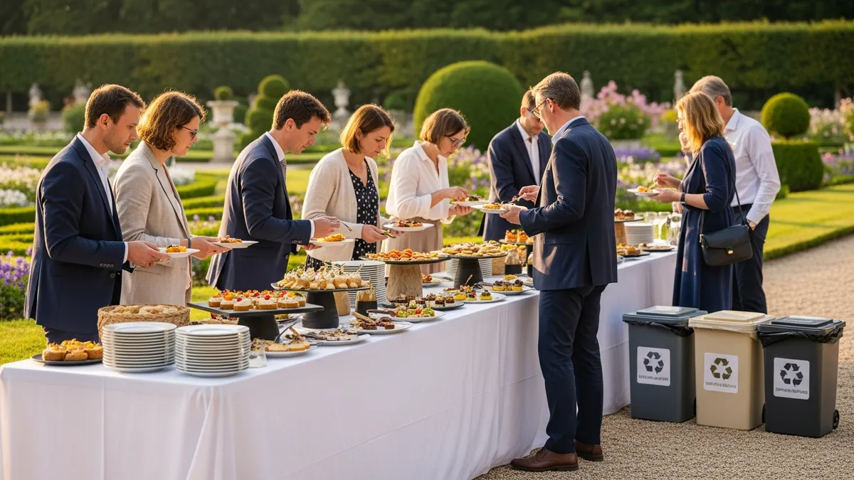 Pause déjeuner en château avec vaisselle réutilisable, bacs de tri sélectif discrets et buffet durable en Île-de-France