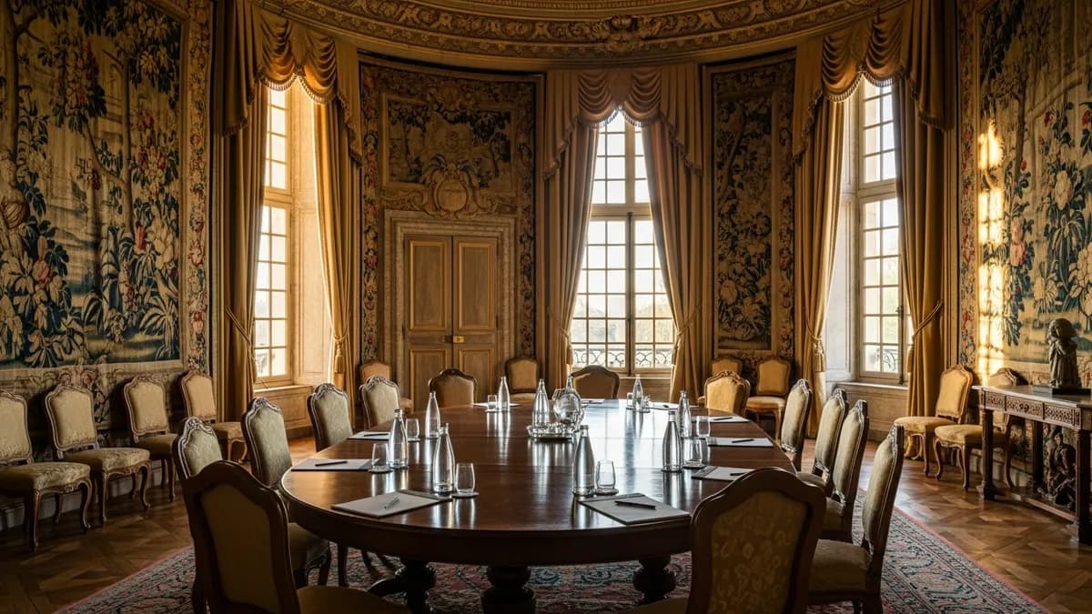 Salle de séminaire dans un château avec haute plafond en pierre et grandes fenêtres ouvrant sur un parc, acoustique naturelle, réunion d'entreprise en petit comité