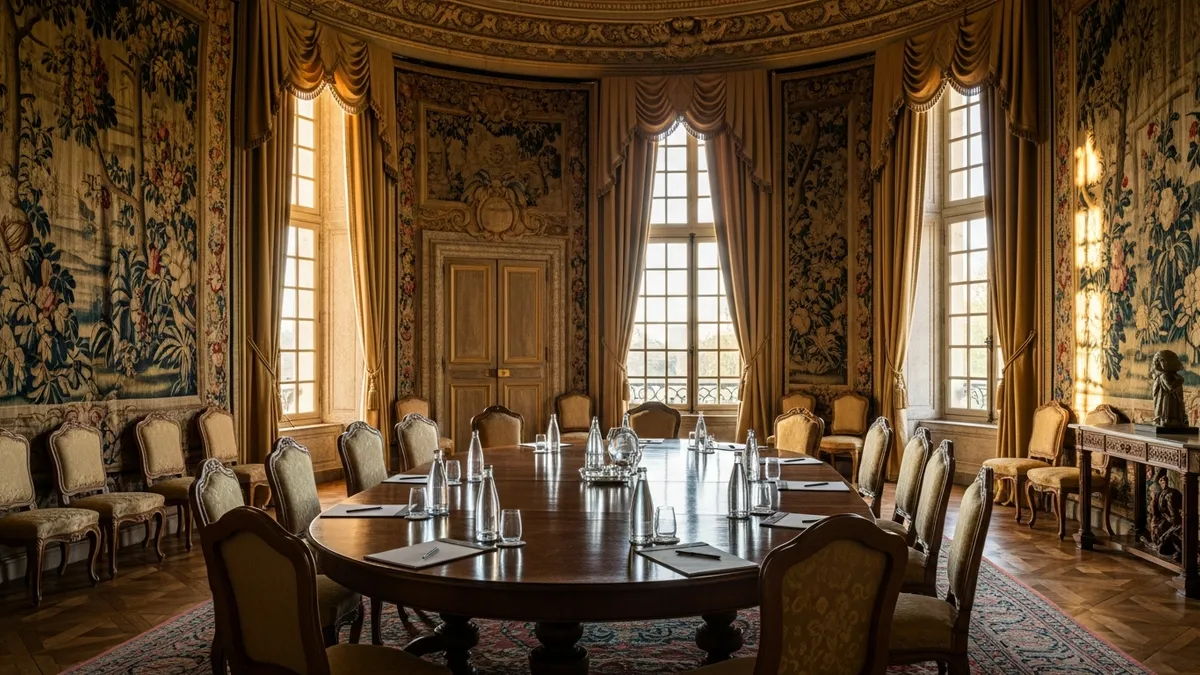 Salle de séminaire dans un château avec haute plafond en pierre et grandes fenêtres ouvrant sur un parc, acoustique naturelle, réunion d'entreprise en petit comité