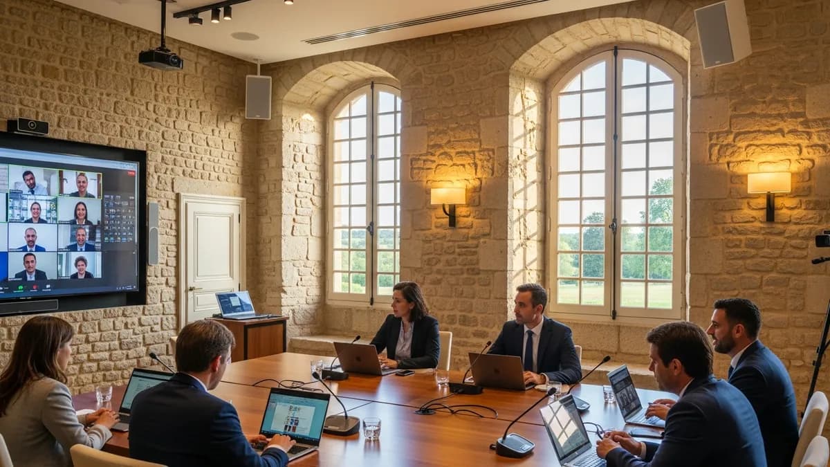 Salle de séminaire hybride en château avec écran de visioconférence, participants en présentiel et connexion distante active, lumière naturelle