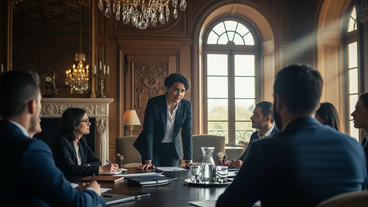 Manager qui prend la parole devant son équipe dans une salle de séminaire en château avec de hautes fenêtres et parquet ancien