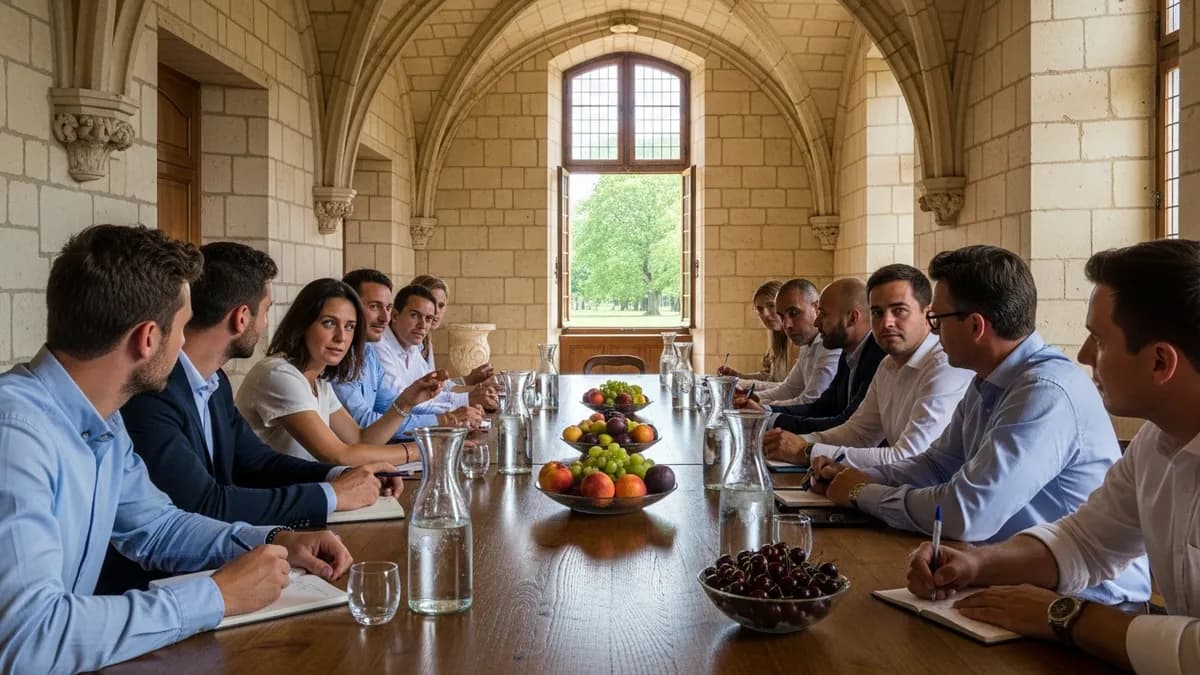 Salle de réunion fraîche dans un château avec fenêtres ouvertes sur un parc arboré en été, participants en tenue décontractée, Île-de-France