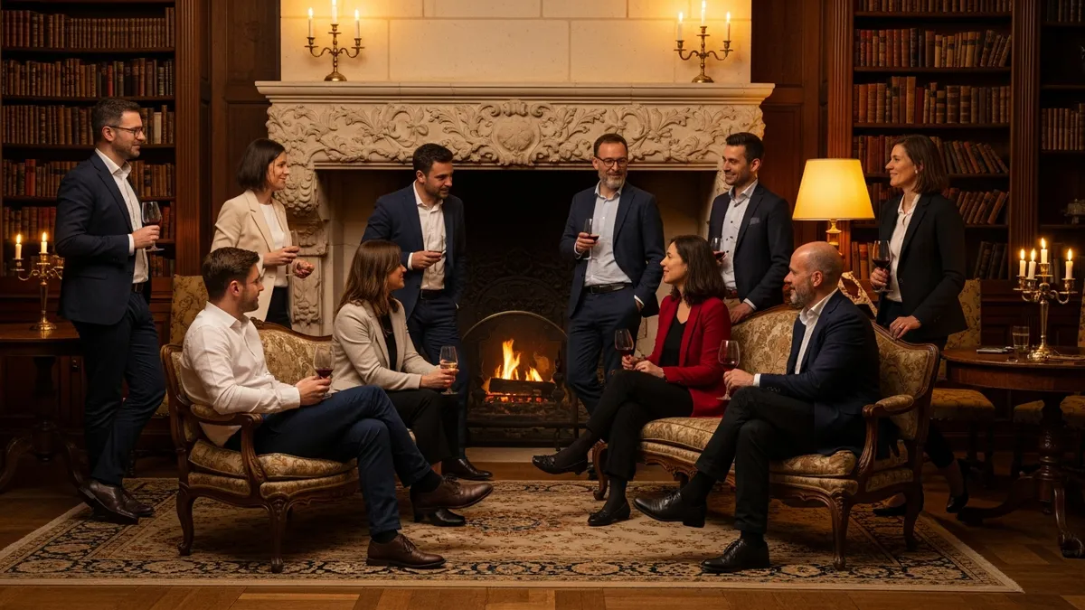 Soirée conviviale et informelle dans le salon d'un château en Île-de-France, collègues autour d'un feu de cheminée