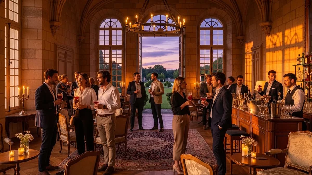 Groupe mixte de professionnels en discussion dans un salon de château en Île-de-France, mélange de collaborateurs internes et clients externes