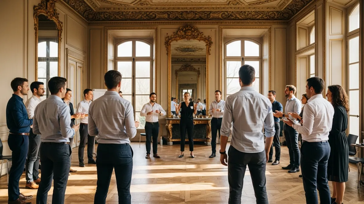 Atelier d'improvisation théâtrale en château, collaborateurs en cercle dans une grande salle avec parquet et moulures, animateur professionnel, ambiance ludique et détendue