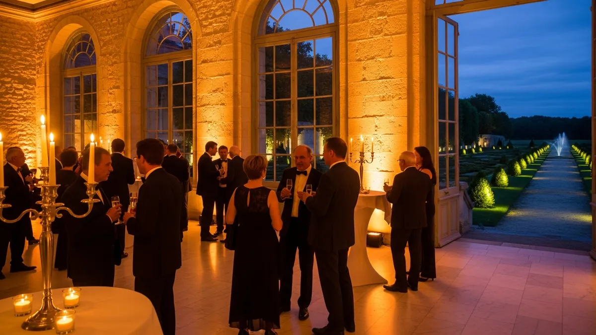 Cérémonie d'inauguration corporate dans un château en Île-de-France, cocktail élégant en salle de réception