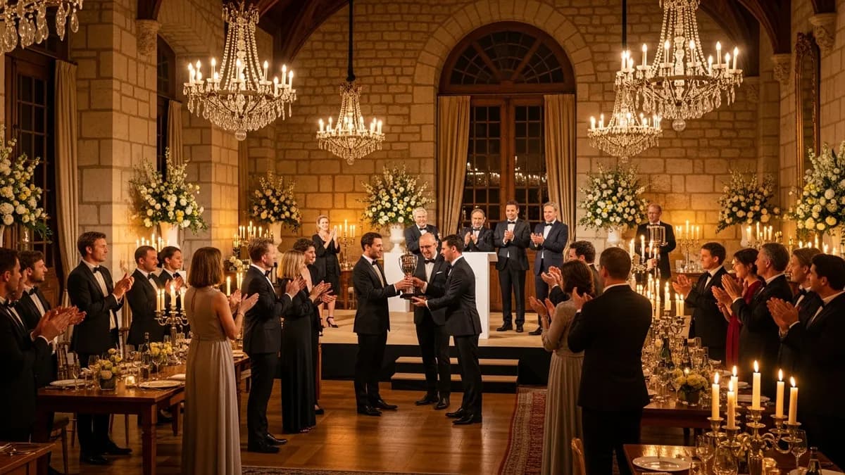 Cocktail de remise de trophées incentive commercial dans un château avec jardins à la française en Île-de-France