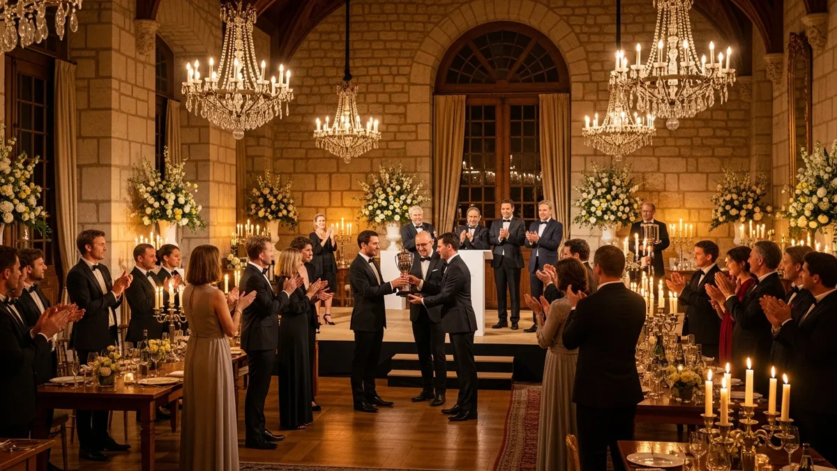 Cocktail de remise de trophées incentive commercial dans un château avec jardins à la française en Île-de-France