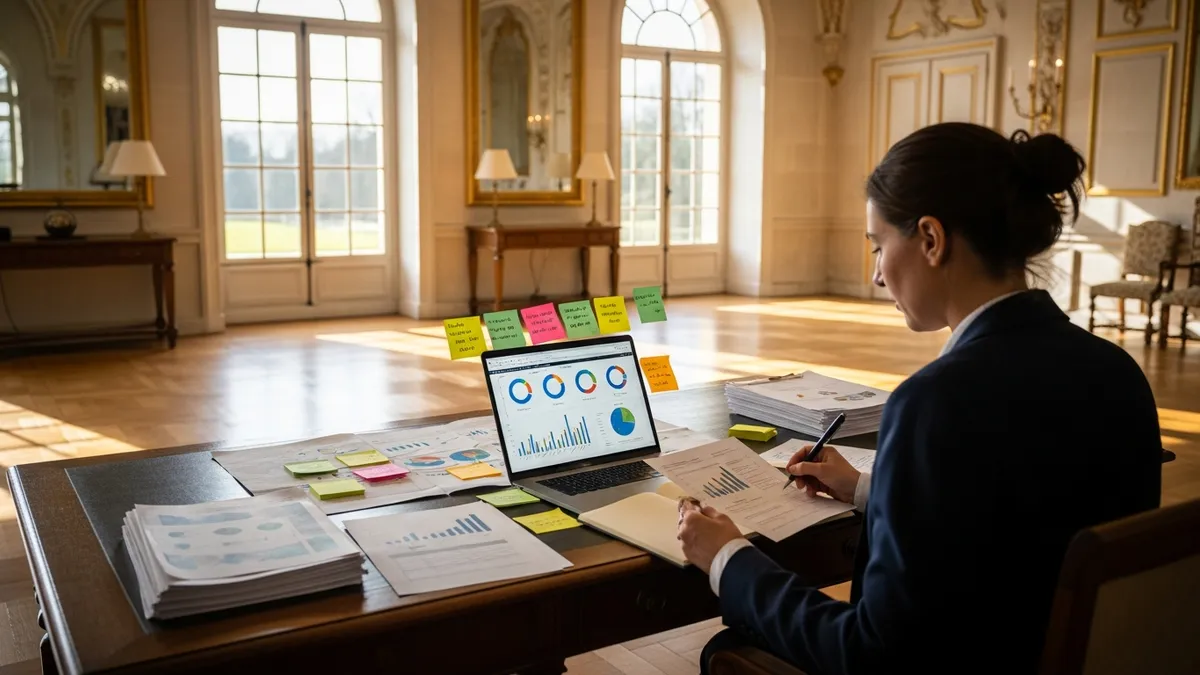 Responsable RH analysant les résultats d'évaluation de séminaire en château dans une salle lumineuse