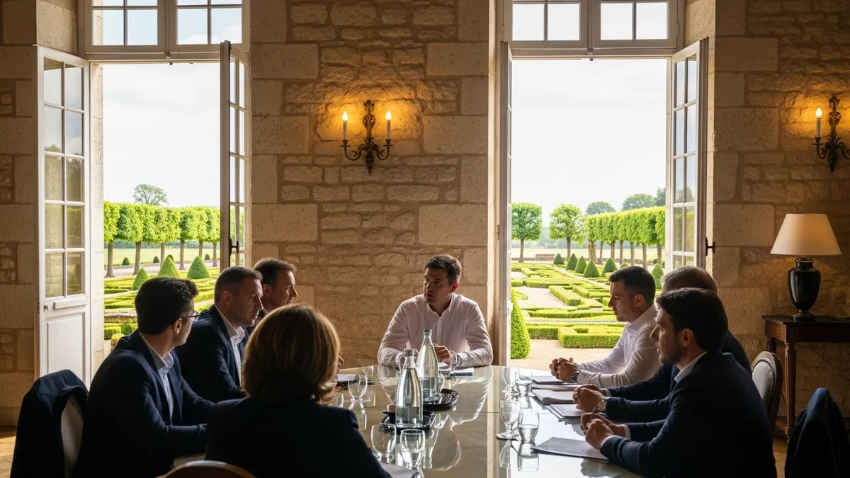 Groupe de collaborateurs en discussion autour d'une table ronde dans une salle de château en Île-de-France, ambiance apaisée et constructive