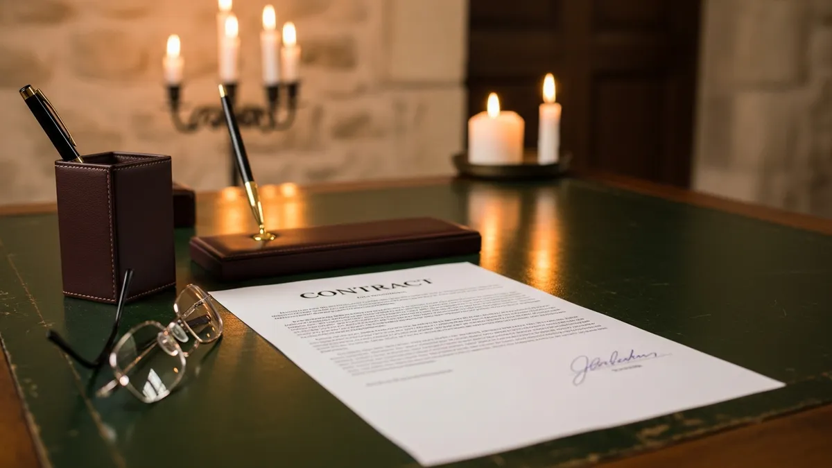 Document de contrat d'hébergement sur un bureau en bois dans une salle de réunion d'un château en Île-de-France