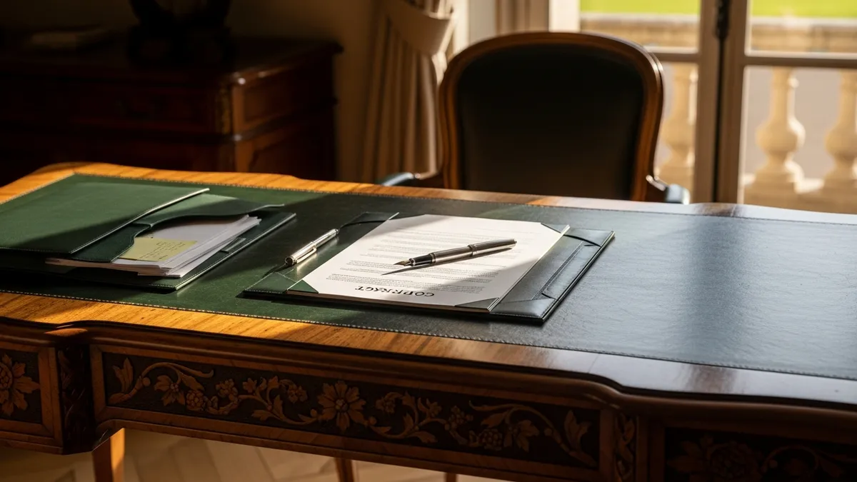 Contrat de location de salle posé sur un bureau en bois dans un château, stylo plume, lumière naturelle, ambiance professionnelle et raffinée