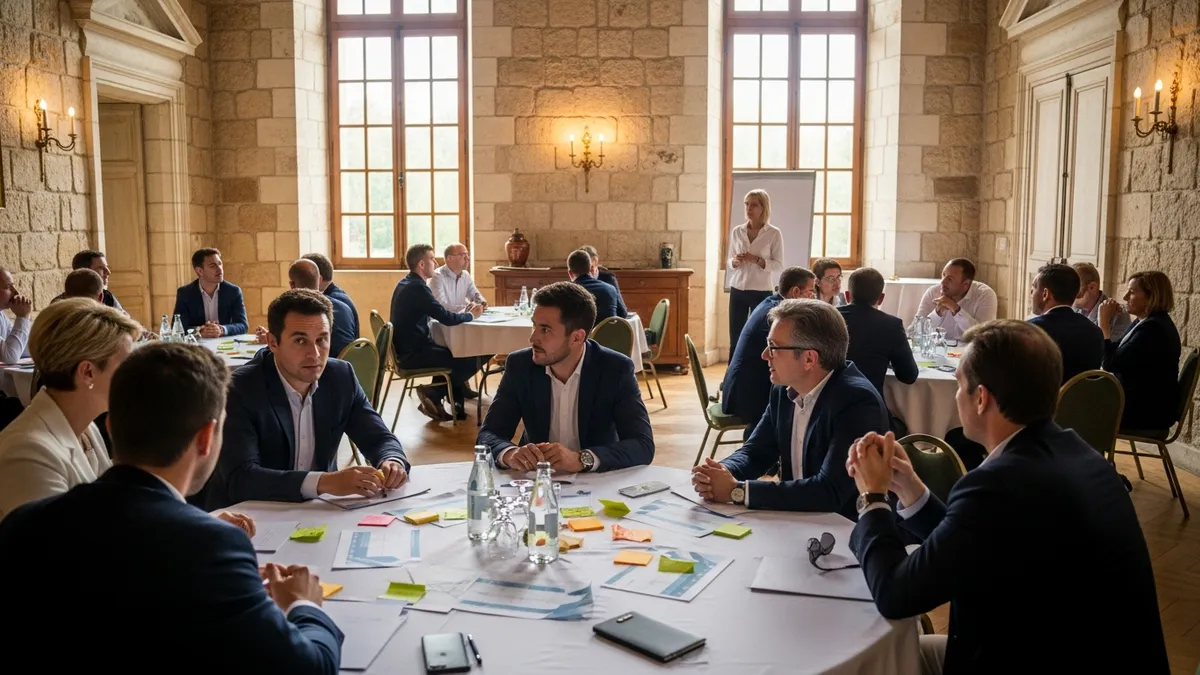 Participants en atelier feedback 360 dans une salle de château en Île-de-France, tableaux blancs et post-its colorés
