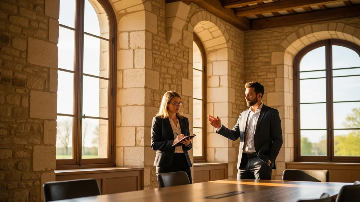 Consultante événementiel en discussion avec le directeur d'un château lors d'une visite de repérage, salle de réunion en pierre, lumière naturelle