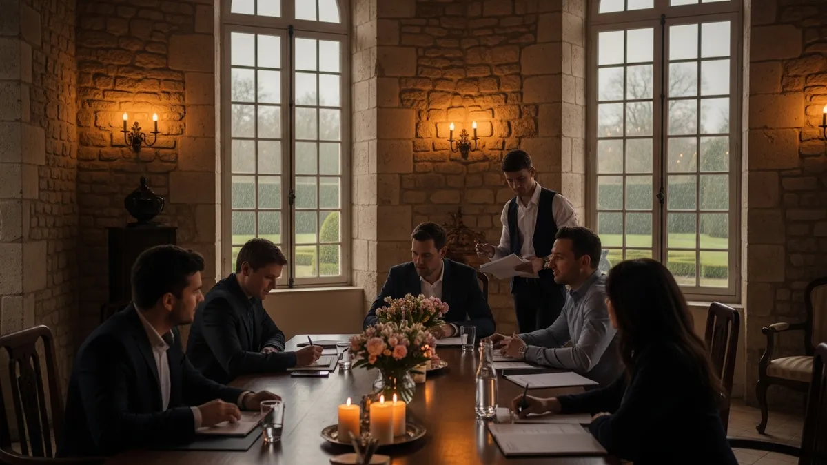Salle de séminaire en château avec vue sur un parc à la française sous un ciel orageux d'été, lumière tamisée et confortable à l'intérieur