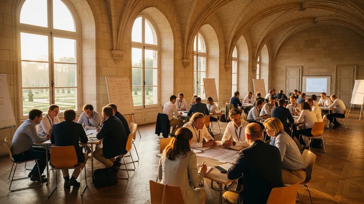 Salle de séminaire lumineuse dans un château francilien avec tableau blanc et participants attentifs en configuration en îlots