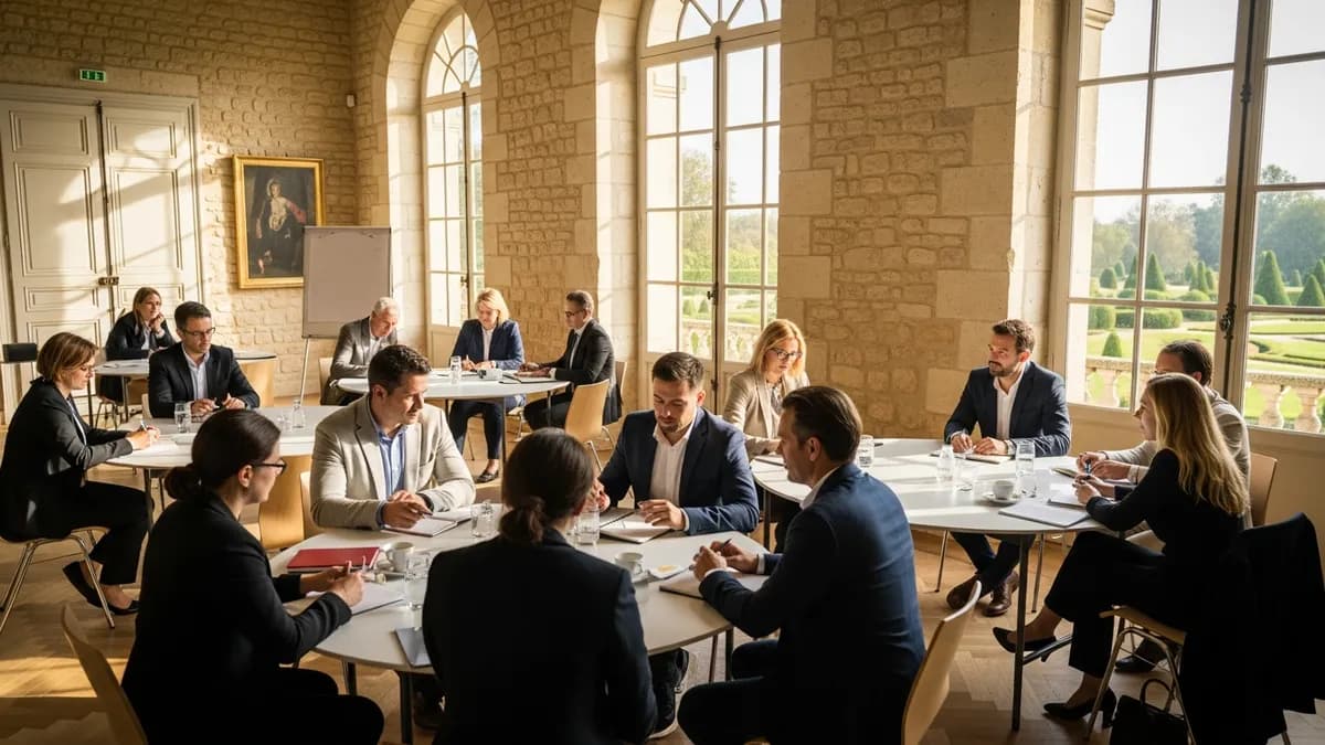 Salle de séminaire lumineuse dans un château en Île-de-France avec participants engagés autour de tables en U, lumière naturelle dorée