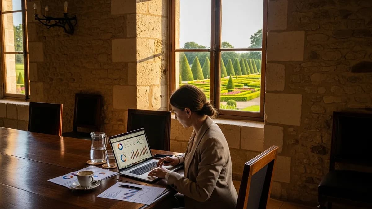 Responsable RH analysant les résultats d'un séminaire d'entreprise en château en Île-de-France avec graphiques et tableau de bord