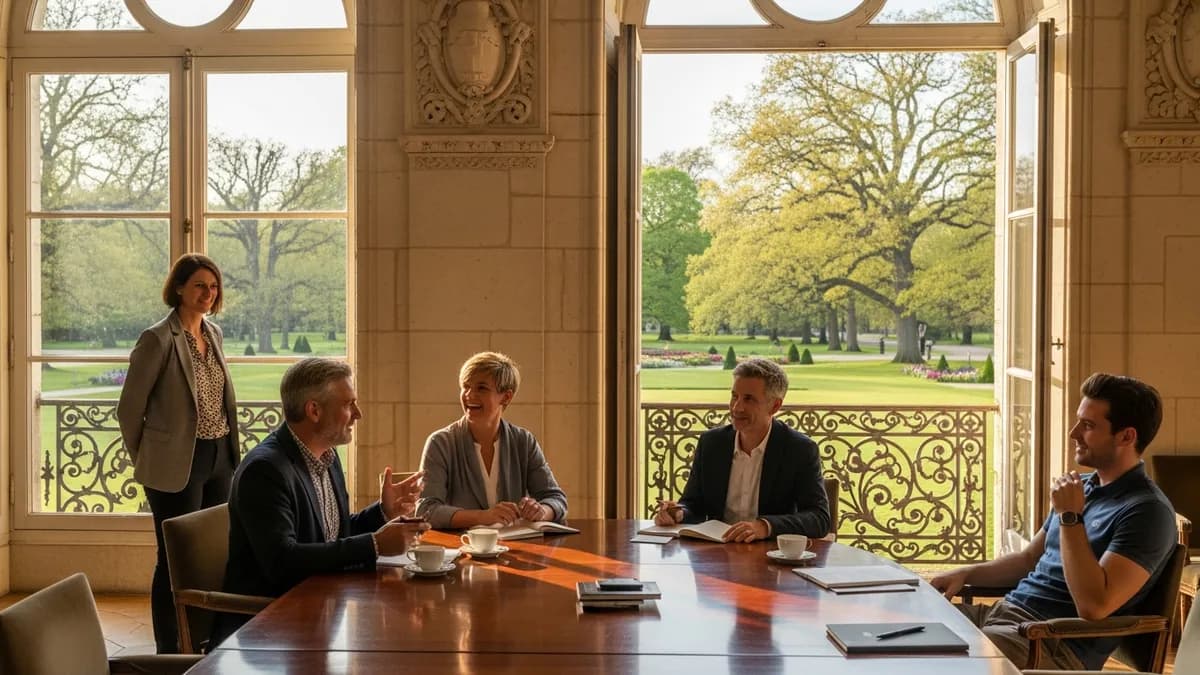 Manager en château observant son équipe lors d'un atelier, lumière naturelle, salle de réunion historique avec grandes fenêtres