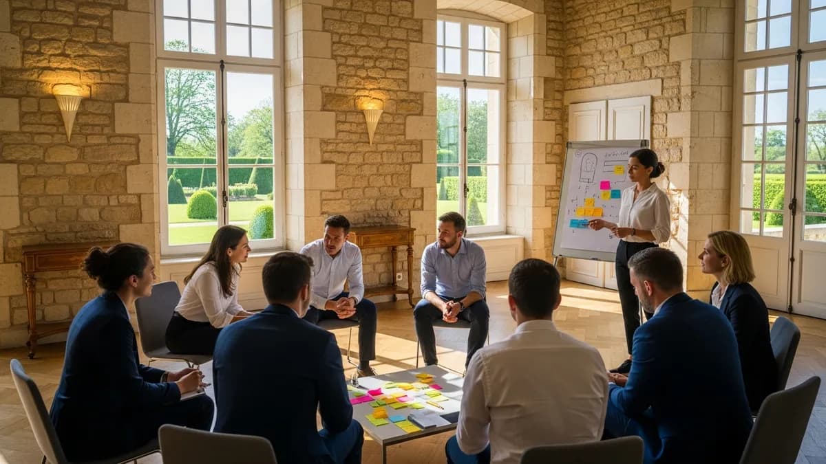 Manager observant son équipe en silence lors d'un atelier dans une salle de château lumineuse avec vue sur parc