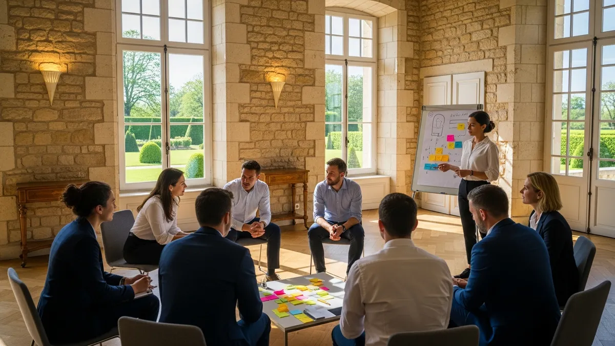 Manager observant son équipe en silence lors d'un atelier dans une salle de château lumineuse avec vue sur parc