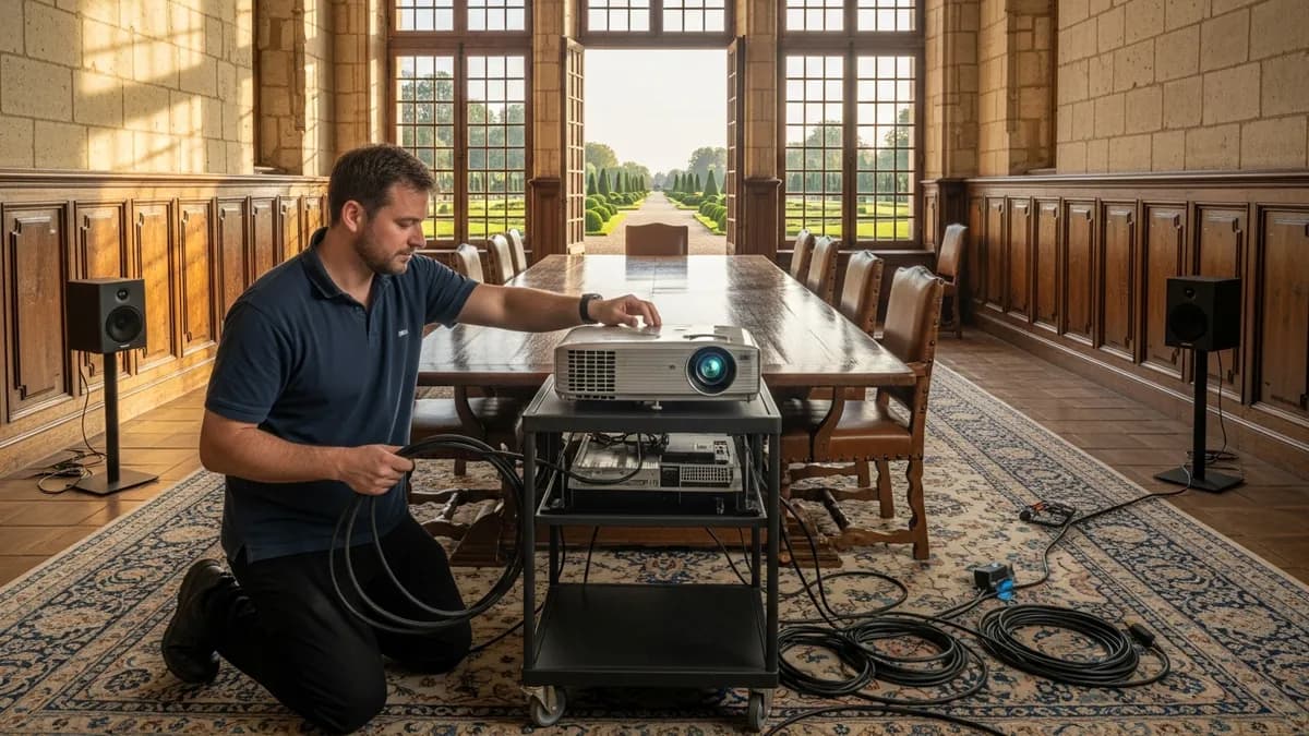 Technicien audiovisuel installant un projecteur dans une salle de séminaire d'un château français aux murs en pierre