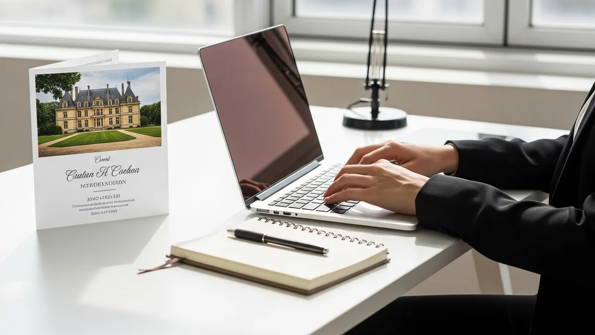 Rédaction d'une invitation séminaire d'entreprise avec ordinateur portable et carnet dans un bureau lumineux