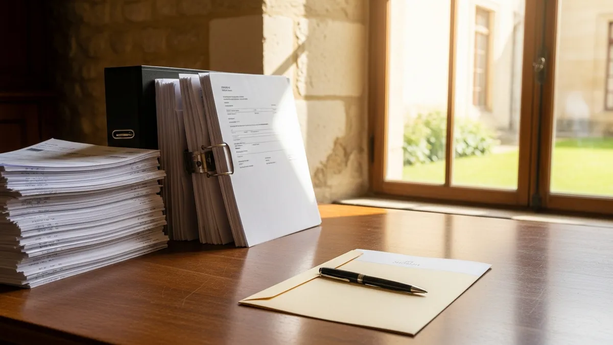 Bureau organisé avec documents comptables et factures pour un séminaire d'entreprise en château en Île-de-France