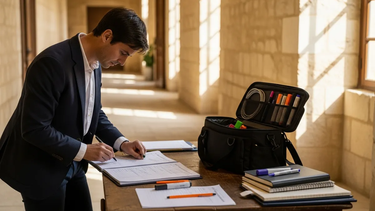 Organisateur de séminaire en château vérifiant sa checklist dans un couloir de pierre, sac professionnel ouvert, matériel d'événementiel disposé sur une table ancienne, lumière naturelle