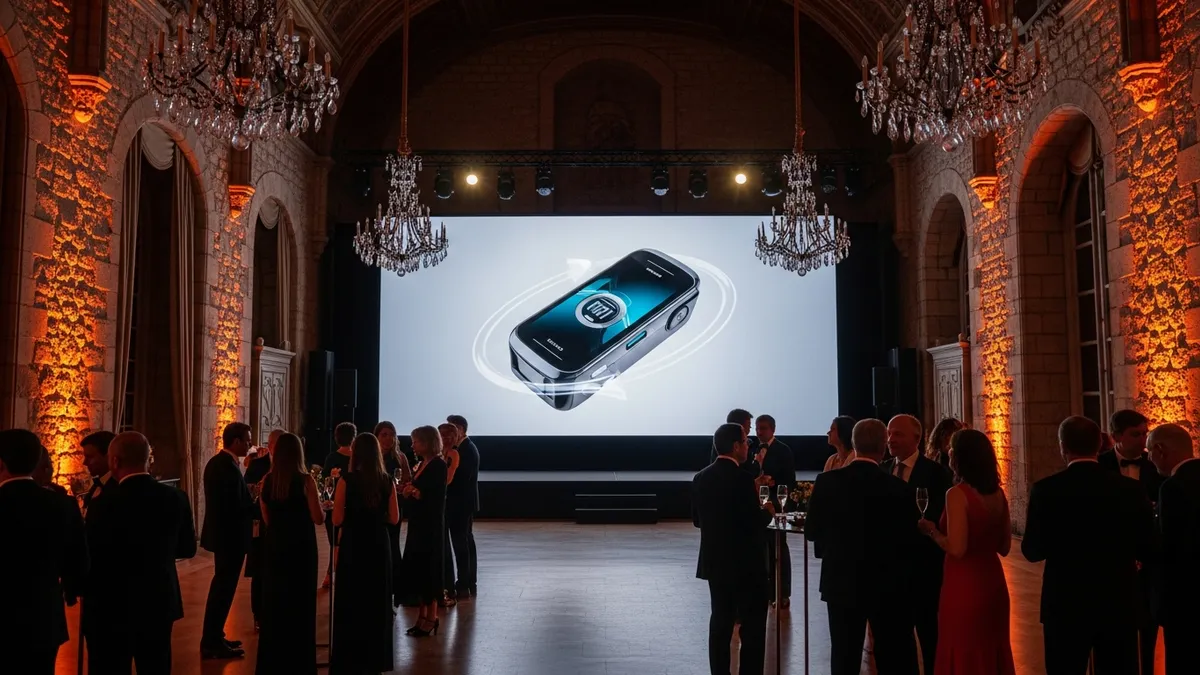 Scène de lancement de produit dans une grande salle de château avec écran de projection et invités corporate en tenue de soirée, lumière tamisée dorée