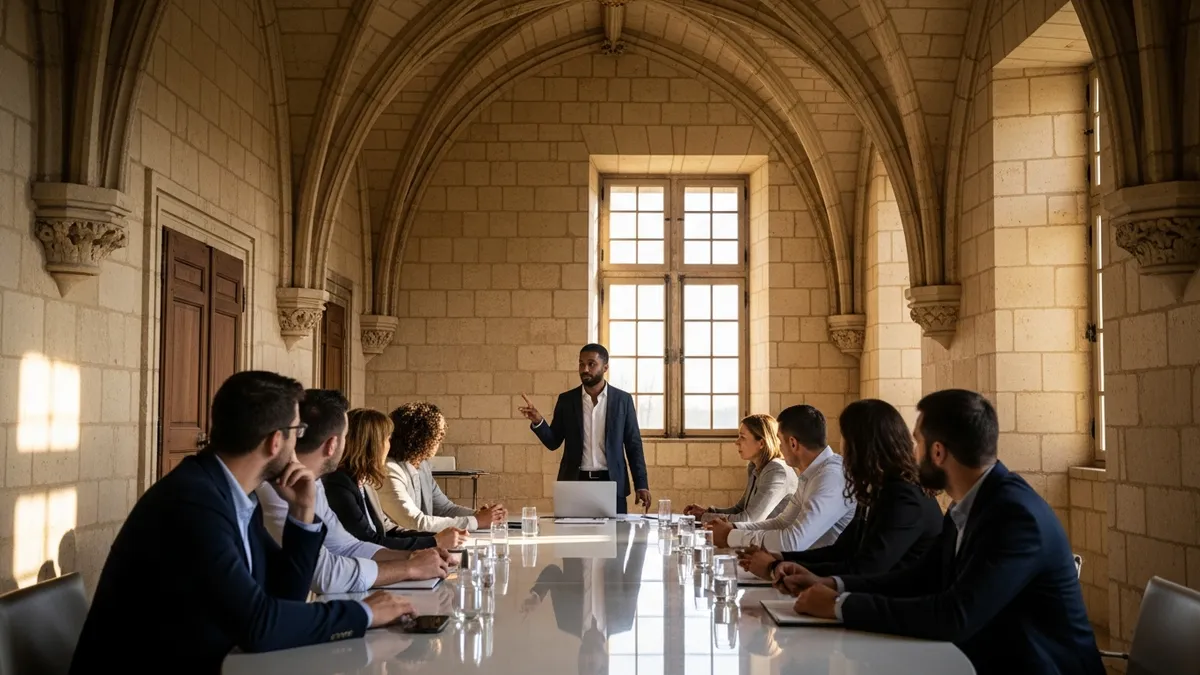 Facilitateur animant un atelier en salle de séminaire dans un château français, participants attentifs autour d'une grande table