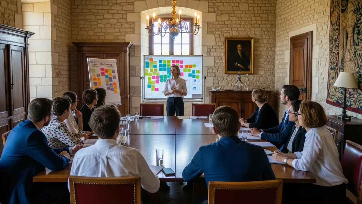 Groupe de collaborateurs en atelier dans une salle de château, interactions animées et post-its, manager en observation en retrait