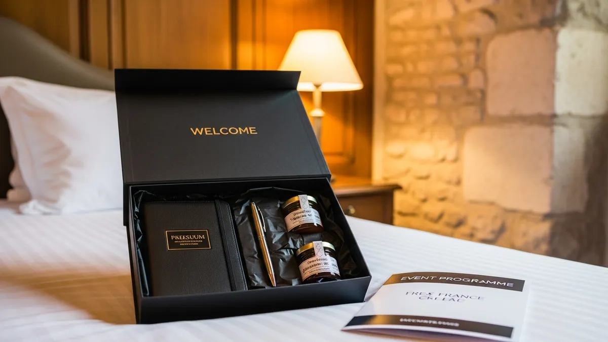 Welcome pack élégant pour séminaire en château posé sur un lit d'hôtel dans un domaine Île-de-France, cadeaux d'accueil entreprise sur fond de boiseries