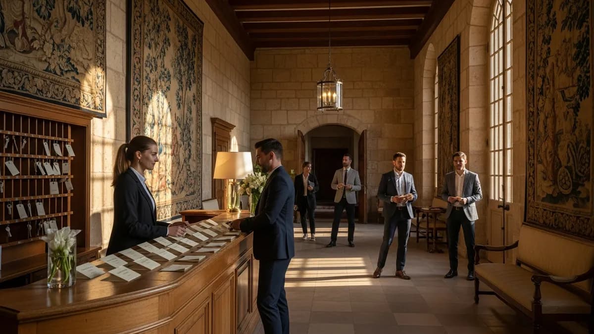 Hall d'entrée d'un château en Île-de-France avec bagages et collaborateurs à l'arrivée d'un séminaire résidentiel