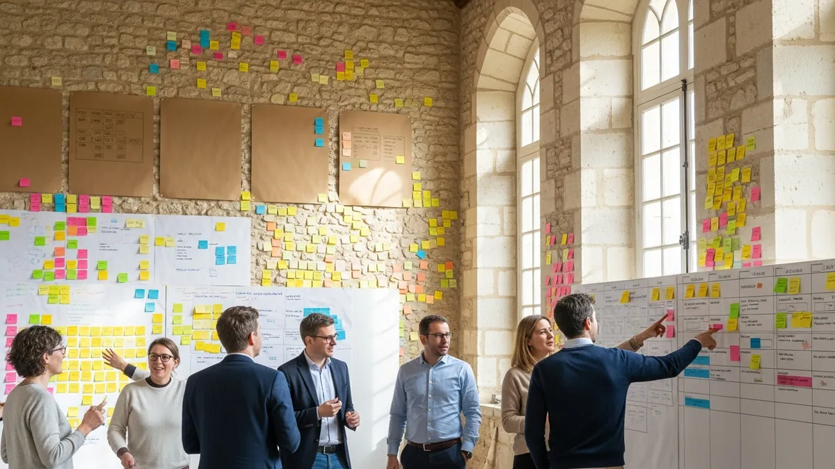 Salle d'atelier en château avec tableaux blancs couverts de post-its colorés et équipe en train de travailler debout autour d'un kanban
