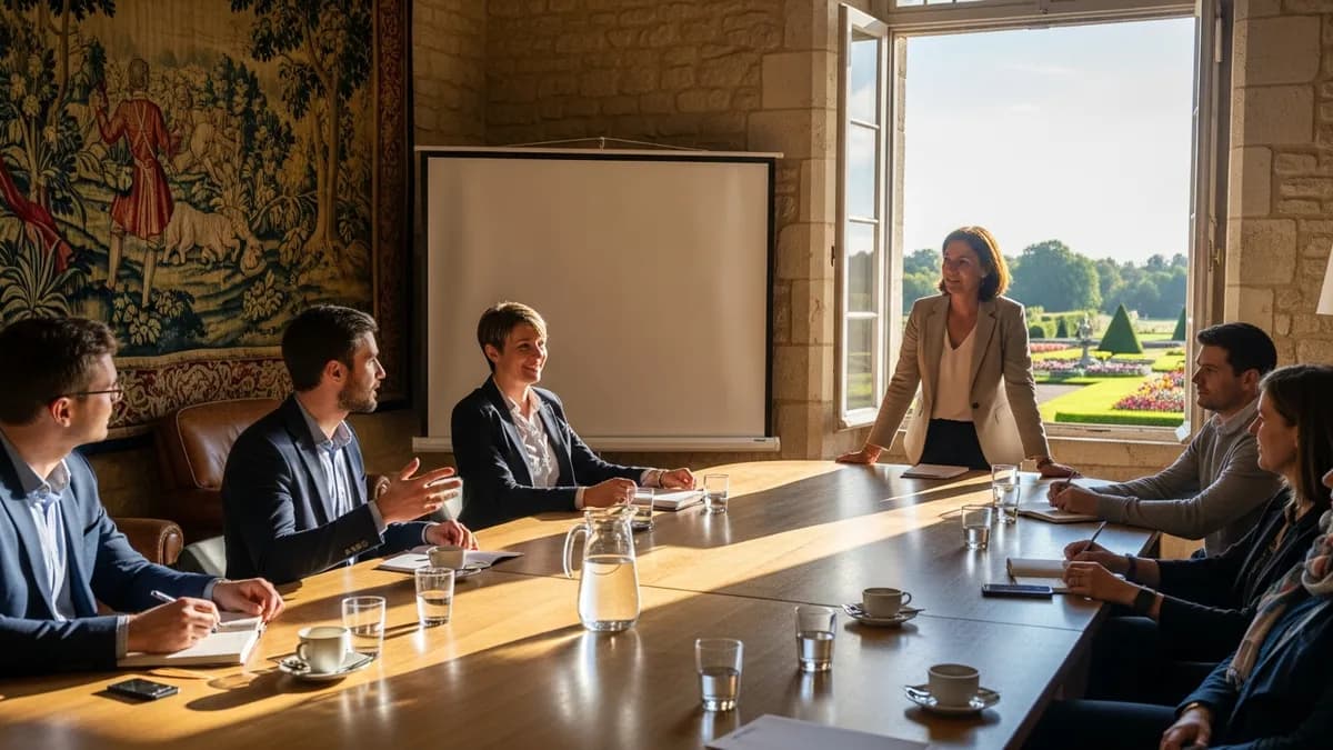 Manager observant son équipe lors d'une réunion tendue dans une salle lumineuse d'un château en Île-de-France