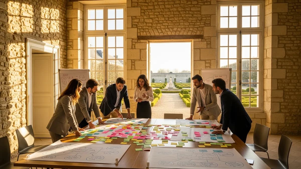 Manager animant un atelier participatif dans une salle de séminaire en château avec post-its et paperboard